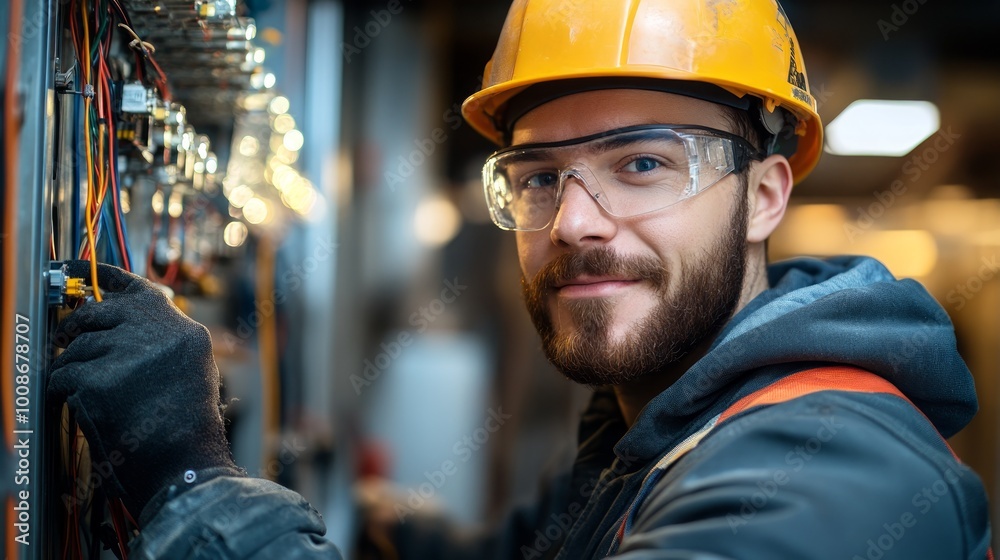 A young electrician with a beard, wearing a yellow hardhat, safety goggles, and gloves, is working on electrical wiring while looking at the camera with a smile. A young electrician with a beard, wearing a yellow hardhat, safety goggles, and gloves, is working on electrical wiring while looking at the camera with a smile.