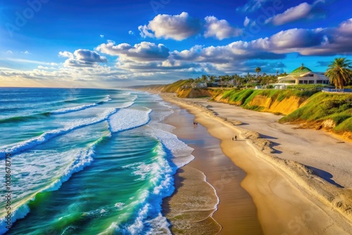 Serene View of Carlsbad State Beach with Soft Sand, Gentle Waves, and Blue Sky at Sunset