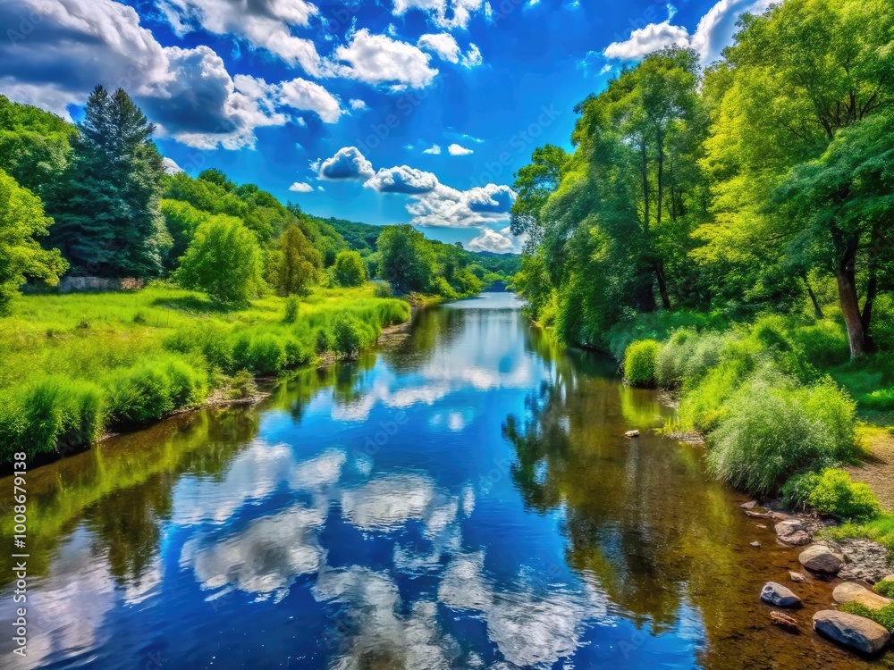 Serene View of Rondout Creek Surrounded by Lush Greenery Under a Bright Blue Sky in Summer Serene View of Rondout Creek Surrounded by Lush Greenery Under a Bright Blue Sky in Summer