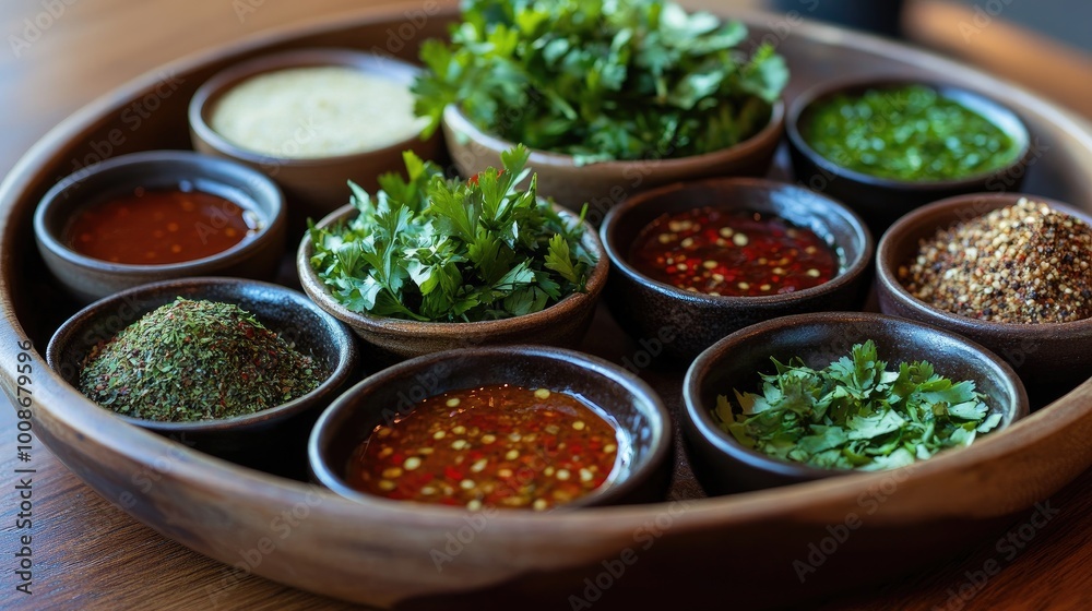 Assorted Spices and Herbs in Rustic Bowl Arrangement