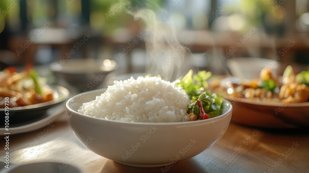 Steaming Bowl of Rice with Fresh Herbs and Peppers Steaming Bowl of Rice with Fresh Herbs and Peppers