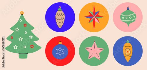 Set of vector Vintage christmas balls and Christmas tree.Xmas ornaments isolated.December decoration designs in old retro style.Winter holiday adornment,tree decor,toys,ball.Vector illustration EPS 10