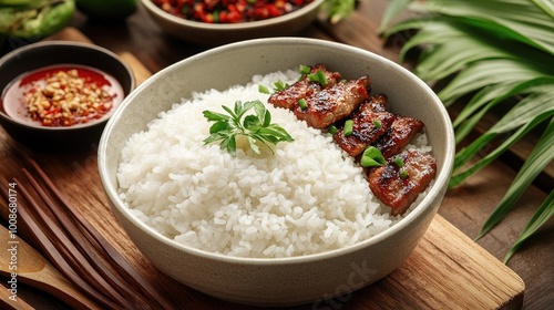 Delicious Bowl of Rice with Grilled Meat and Spices