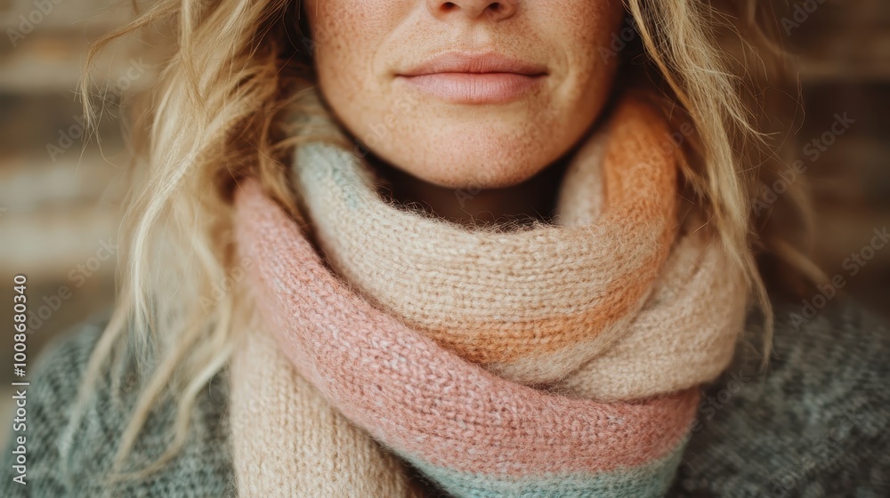 A styled close-up of a woman's face with emphasis on her knitted scarf, combining subtle colors and patterns, against a blurred background to enhance focus. A styled close-up of a woman's face with emphasis on her knitted scarf, combining subtle colors and patterns, against a blurred background to enhance focus.