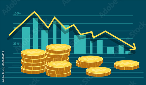Loss with stages coin drop and downward arrow chart. Concept of business failure, economic crisis, risky investments, wrong investments, rising costs. Simple flat vector style. Infographic.