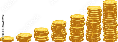 Increase in wealth, the process of accumulating and increasing the number of coins in a stack. Concept of business success, economic or market growth, investment income, capital gains, benefits. 