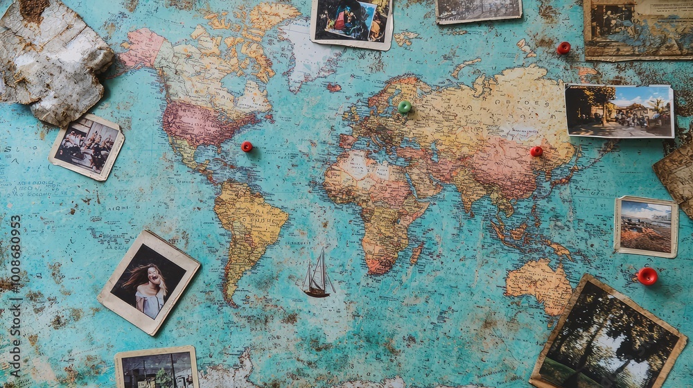 Naklejka premium A vintage world map surrounded by nostalgic travel photos, inviting exploration and adventure through time and geography.