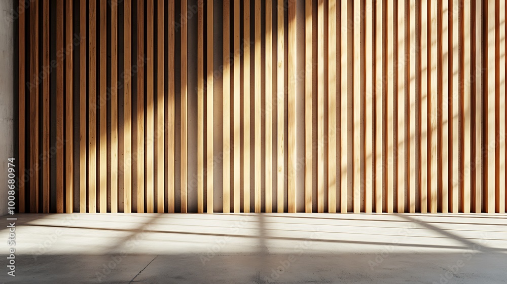 Wall with wood background. Panels with wood texture. Vertical slats in the interior design of an empty studio room. 3D architecture with window shadow overlay. Wall with wood background. Panels with wood texture. Vertical slats in the interior design of an empty studio room. 3D architecture with window shadow overlay.