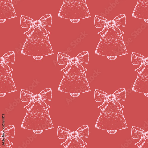 Bright doodle pattern with pink Christmas bells on a red background. Festive hand-drawn seamless background with decorative bells 