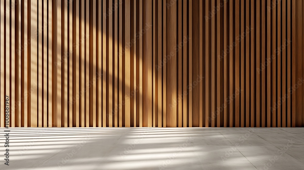 Wall with wood background. Panels with wood texture. Vertical slats in the interior design of an empty studio room. 3D architecture with window shadow overlay. Wall with wood background. Panels with wood texture. Vertical slats in the interior design of an empty studio room. 3D architecture with window shadow overlay.