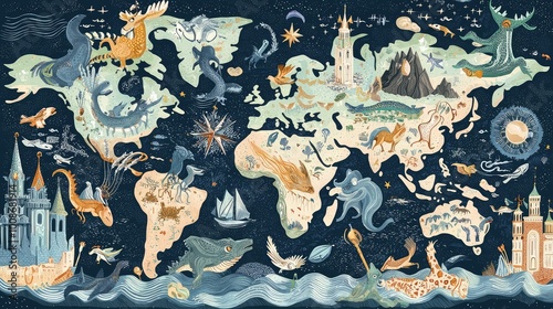 Fototapeta Naklejka Na Ścianę i Meble -  A whimsical world map featuring mythical creatures, landmarks, and vibrant landscapes, ideal for education or fantasy themes.