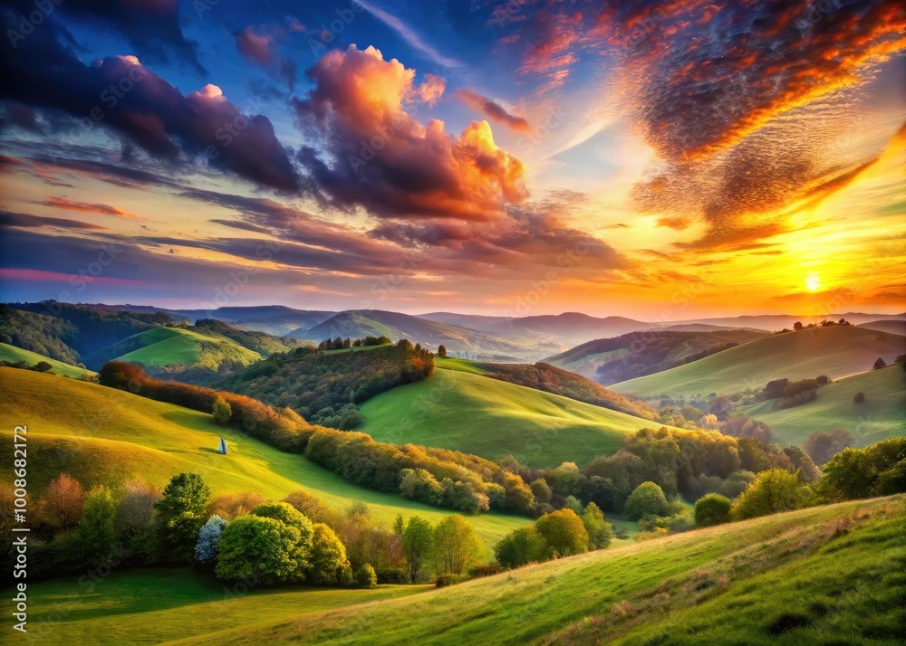 Fototapeta premium Serene Watercolor Landscape of Rolling Hills and Vibrant Sky at Sunset Capturing Natural Beauty