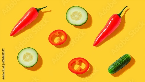 Wallpaper Mural Minimalist vector design of sliced carrots, peppers, and cucumbers on a pastel yellow background. Torontodigital.ca