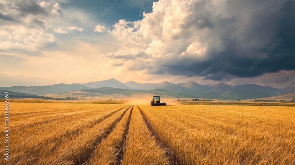 Fototapeta premium Tractor Working in a Golden Field Under a Dramatic Sky