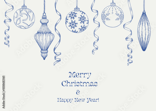 Vintage illustration Marry Christmas and happy new year with balls, toys, ribbons. Blue beige. Hand drawn Vector background for design holiday decor, decoration, greeting card, cover, poster