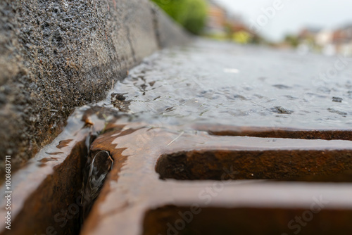 Tableau sur toile Rain storm water running through storm drain grate with blurred road surface