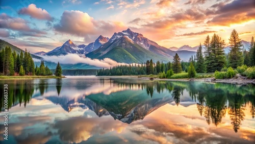 Serene Watercolor Mountain Landscape with Soft Pastel Hues and Tranquil Reflection in Still Water