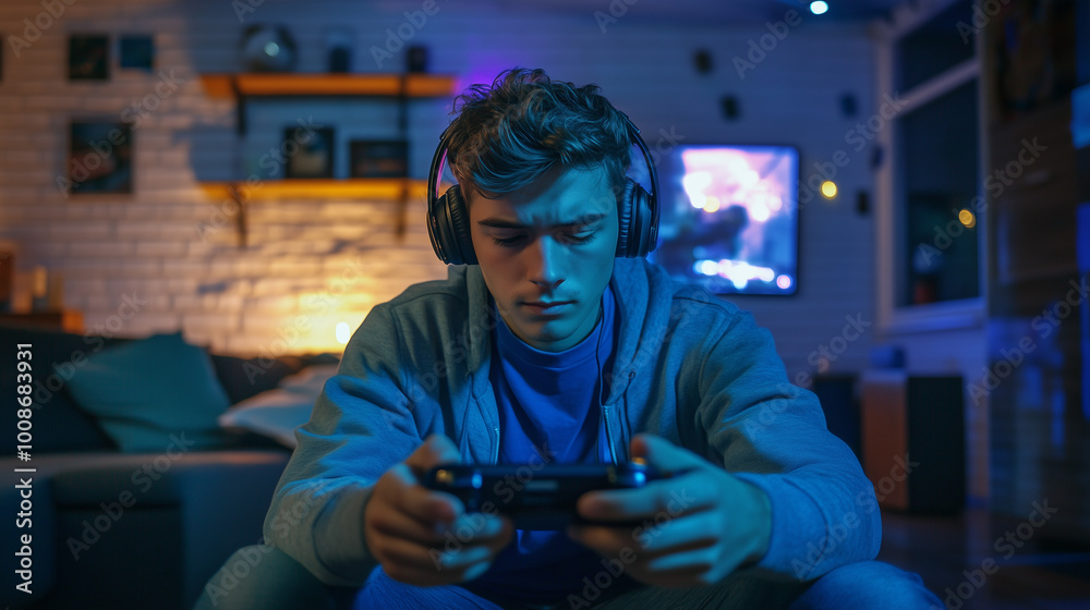 Young man plays on his phone in headphones Young man plays on his phone in headphones