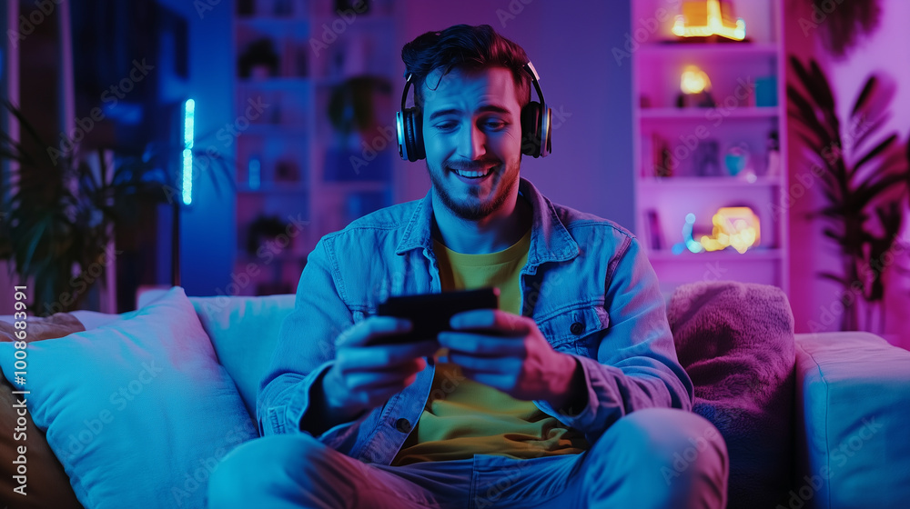 Smiling man plays on a smartphone Smiling man plays on a smartphone