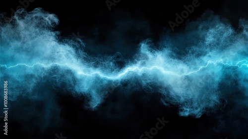 Bright electric blue clouds with a vivid lightning strike represent intense energy and power, set against a dark and mysterious background.