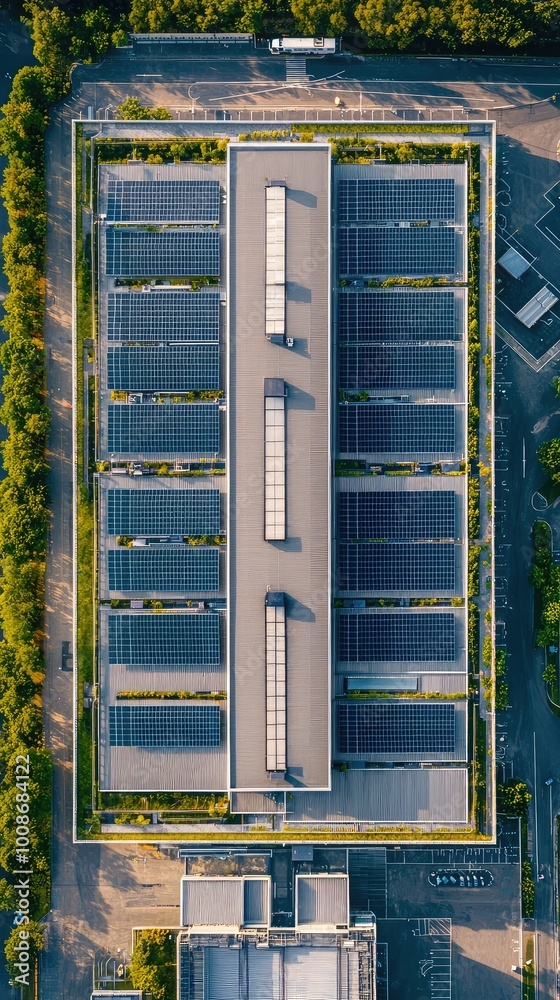 Aerial view of a modern building with solar panels, surrounded by greenery, showcasing sustainable architecture and energy solutions. Aerial view of a modern building with solar panels, surrounded by greenery, showcasing sustainable architecture and energy solutions.