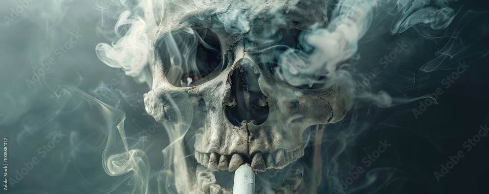 Smoke in the shape of a skull rises from a burning cigarette, symbolizing the deadly effects of smoking and its health risks. Smoke in the shape of a skull rises from a burning cigarette, symbolizing the deadly effects of smoking and its health risks.