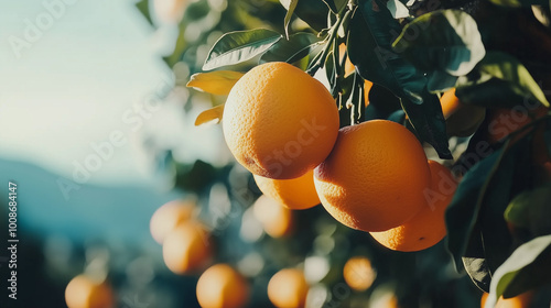 Ripe oranges on a branch in orchard