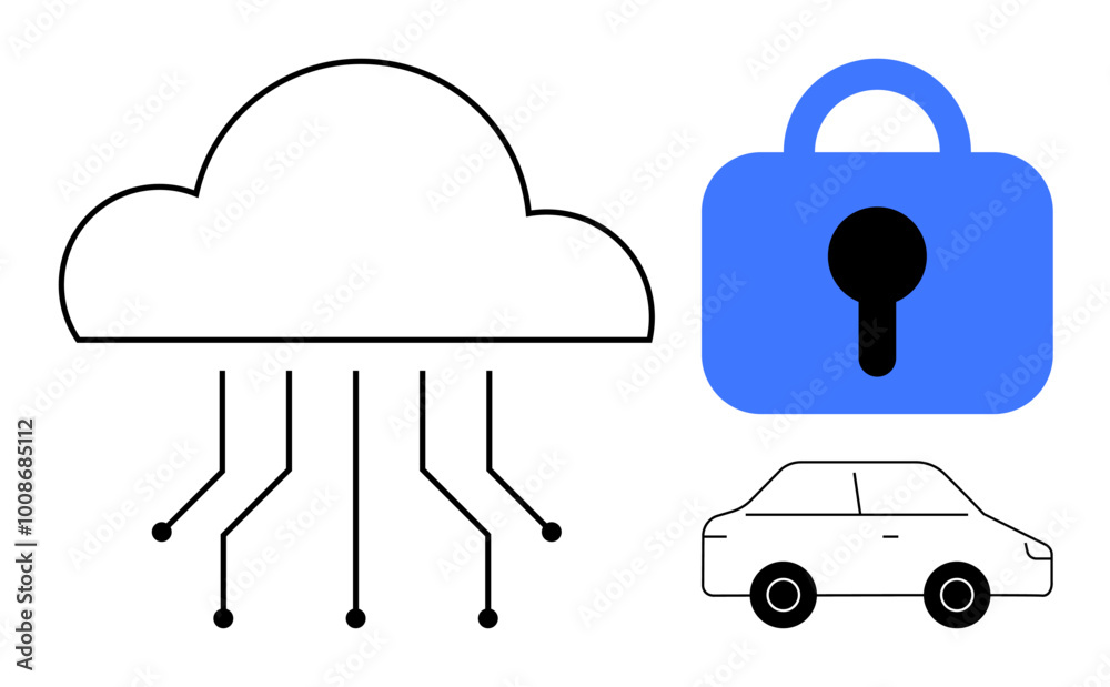Cloud with circuit lines, blue padlock with keyhole, and car outline. Ideal for technology, automotive security, cloud computing, data protection, and smart vehicles. Modern, minimalist style Cloud with circuit lines, blue padlock with keyhole, and car outline. Ideal for technology, automotive security, cloud computing, data protection, and smart vehicles. Modern, minimalist style