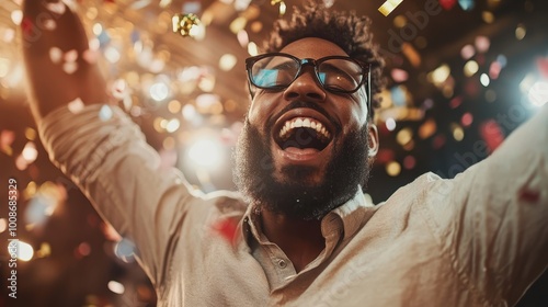 A bearded man in glasses exuberantly celebrates beneath a cascade of confetti, showcasing joy, happiness, and excitement in a vibrant party setting. photo