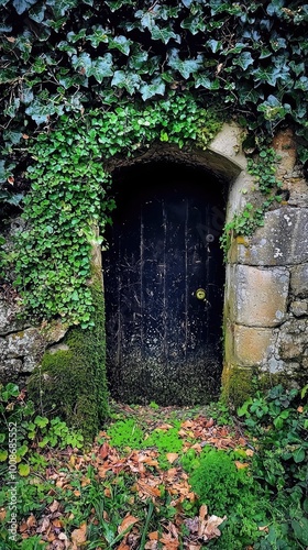 An ancient door partially covered in ivy, blending seamlessly into a lush, green woodland environment.