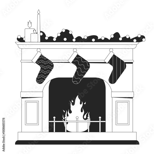 Christmas fireplace stockings hanging black and white 2D line object. Xmas fire place with festive socks candlelights adornments isolated clip art vector outline item. Monochromatic spot illustration