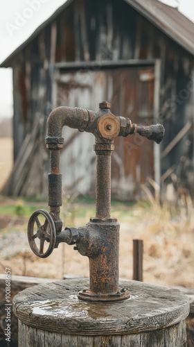 Wallpaper Mural An antique water pump stands prominently against a rustic barn, showcasing vintage craftsmanship and rural charm. Torontodigital.ca