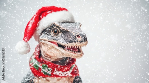 Happy pachycephalosaurus dinosaur with Santa hat enjoying Christmas snow photo