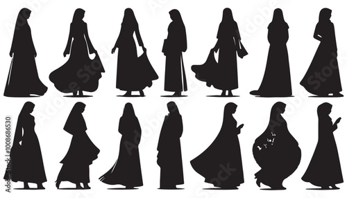 silhouette of Muslims hijab woman female vector full body vector illustration black and white art