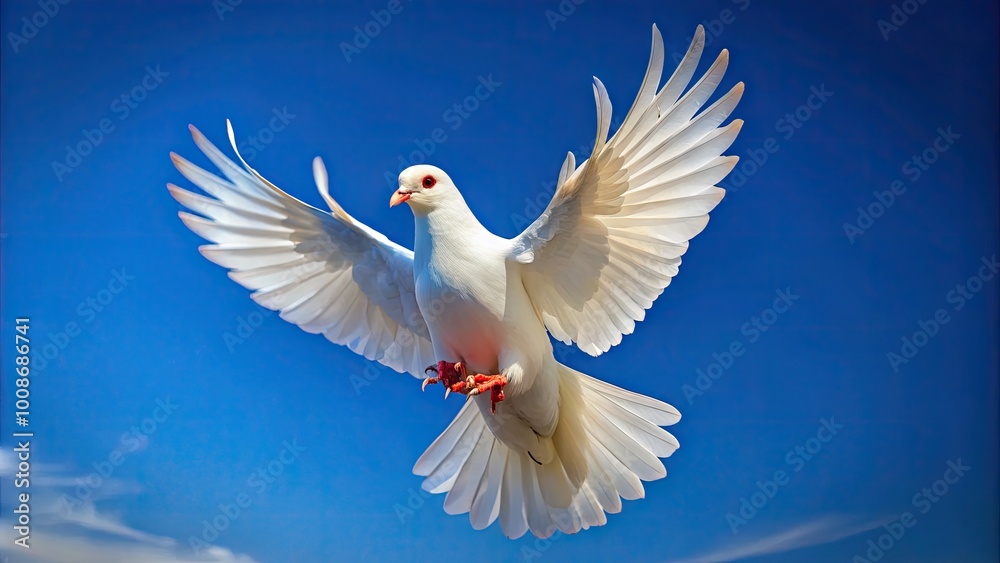 Serene White Dove in Flight Symbolizing Peace and Hope Against a Clear Blue Sky Background Serene White Dove in Flight Symbolizing Peace and Hope Against a Clear Blue Sky Background