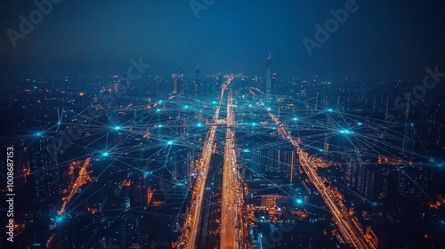 Wallpaper Mural Aerial view of a city at night with a network of glowing lines connecting buildings, representing the digital infrastructure and connectivity of a modern metropolis. Torontodigital.ca