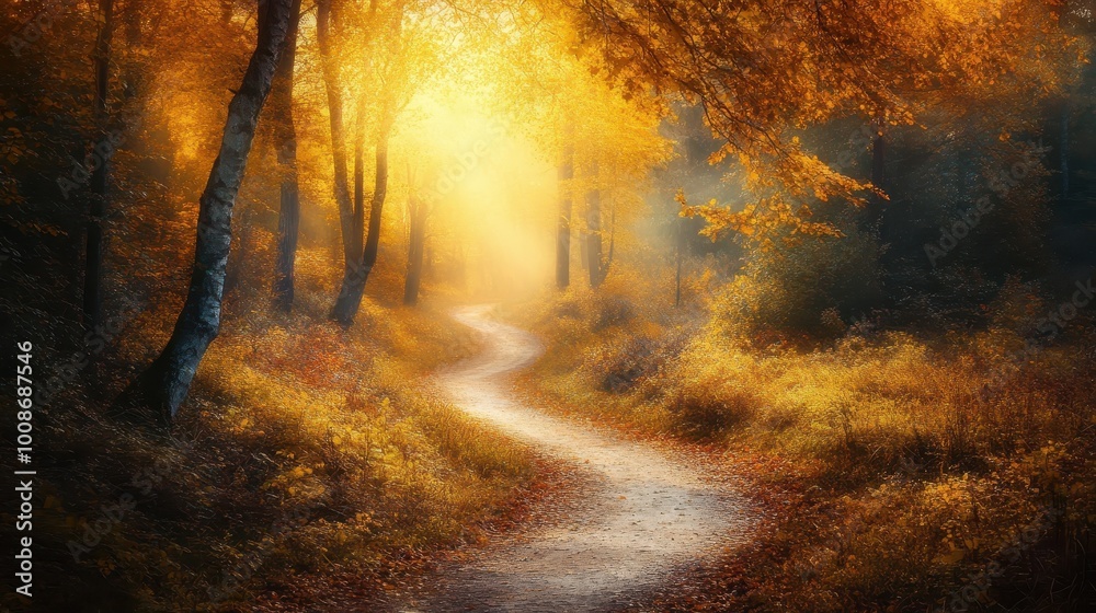 Serene Autumn Forest Path in Golden Sunlight Serene Autumn Forest Path in Golden Sunlight