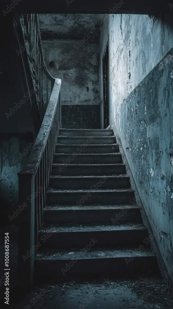 An eerie staircase in a dimly lit, abandoned building, showcasing peeling walls and a haunting atmosphere. An eerie staircase in a dimly lit, abandoned building, showcasing peeling walls and a haunting atmosphere.