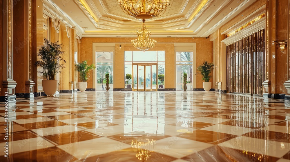 Fototapeta premium An elegant interior showcasing a luxurious entrance hall with polished marble floor and grand chandelier under bright lighting.
