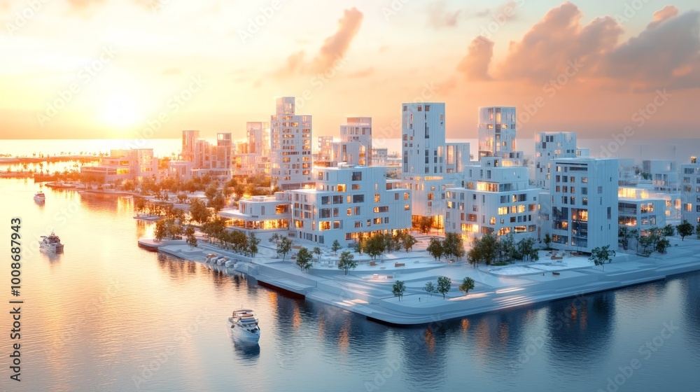 Obraz premium An aerial view of a modern city with white buildings and a waterfront. The sun is setting and the sky is orange and pink. There are boats in the water.