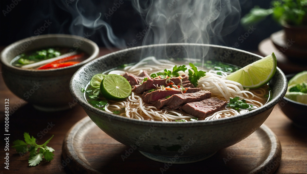 Bowl of Vietnamese pho with beef slices and herbs, releasing gentle steam under soft natural lighting. Bowl of Vietnamese pho with beef slices and herbs, releasing gentle steam under soft natural lighting.