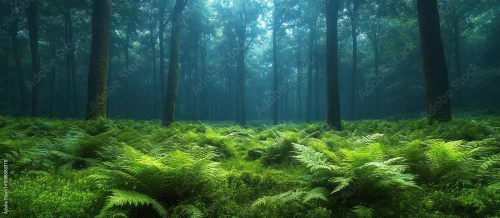 A misty forest path lined with ferns and tall trees creates a se A misty forest path lined with ferns and tall trees creates a se