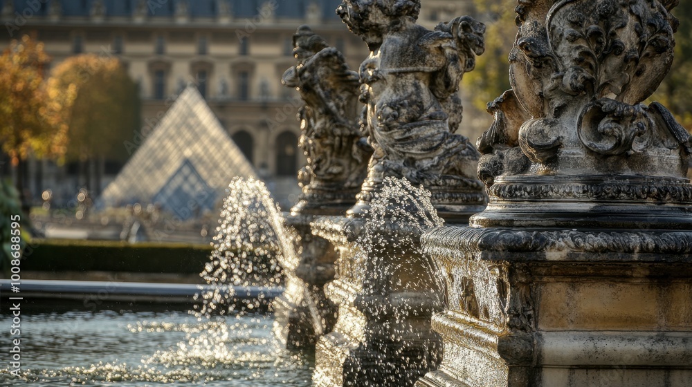 Obraz premium A close-up of the sculptures and fountains in the Tuileries Garden, with the Louvre in the background.