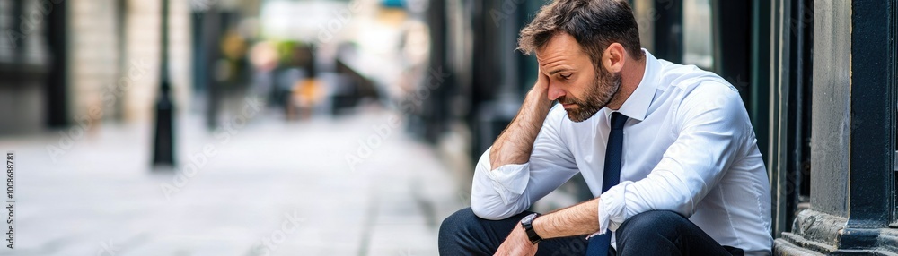 A thoughtful businessman sitting alone on a city street, reflecting on challenges and solutions in a modern urban environment.