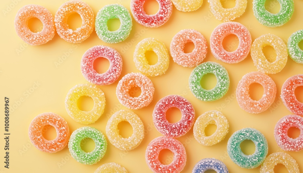 Top-down view of colorful candy rings and sour belts scattered on a pale pastel yellow background, vector style. Top-down view of colorful candy rings and sour belts scattered on a pale pastel yellow background, vector style.