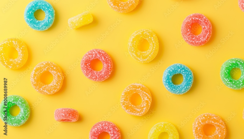Top-down view of colorful candy rings and sour belts scattered on a pale pastel yellow background, vector style. Top-down view of colorful candy rings and sour belts scattered on a pale pastel yellow background, vector style.