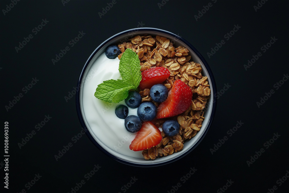 A bowl of granola with yogurt and berries on a black background. AI generation. A bowl of granola with yogurt and berries on a black background. AI generation.