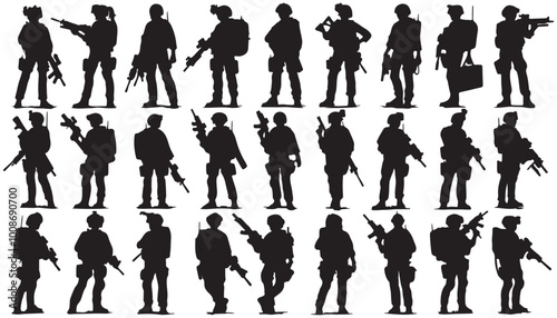 Trop or Female special forces commandos silhouette collection vector illustration black and white art