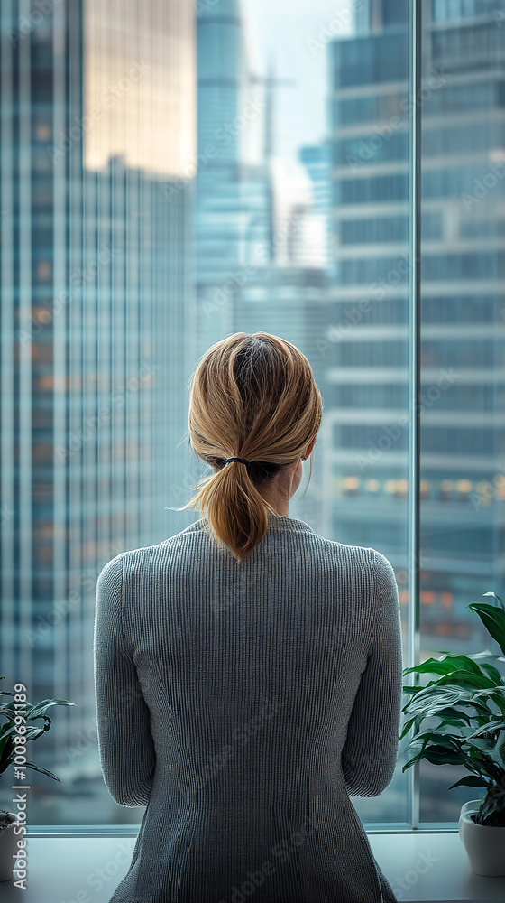 Woman CEO Contemplating Future from Modern Corporate Office Woman CEO Contemplating Future from Modern Corporate Office