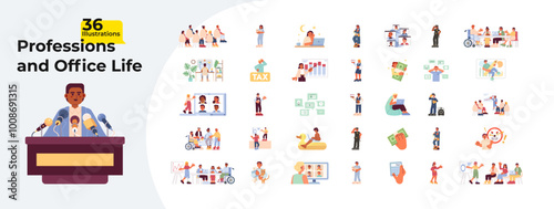 Corporate life employment cartoon flat illustrations mega bundle. Jobs occupations. Tax accounting. Charts workplace laptop working 2D images isolated on white. Collection vector drawings colorful